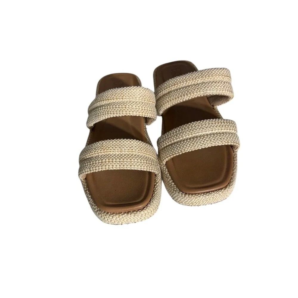 Crown Vintage Leah Beige Textile Two Strap Platform Slide Sandals Womens 7M